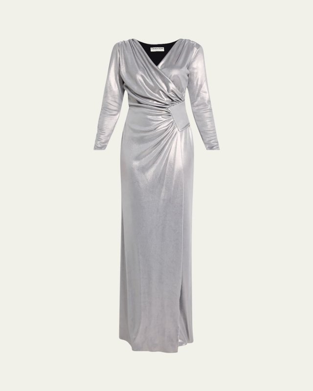 Ruched Metallic Column Gown